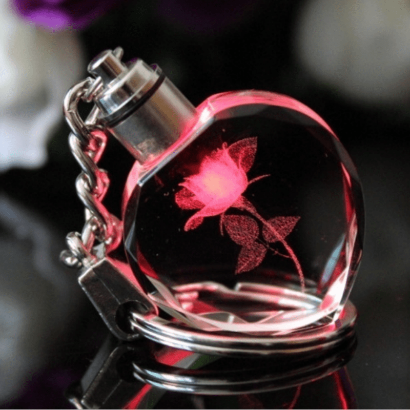 Romantic Glowing Heart Glass Keychain with Rose-Shaped Charm for Men - Perfect Gift for Him
