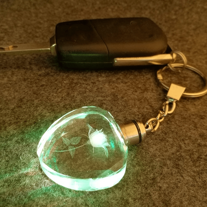Romantic Glowing Heart Glass Keychain with Rose-Shaped Charm for Men - Perfect Gift for Him