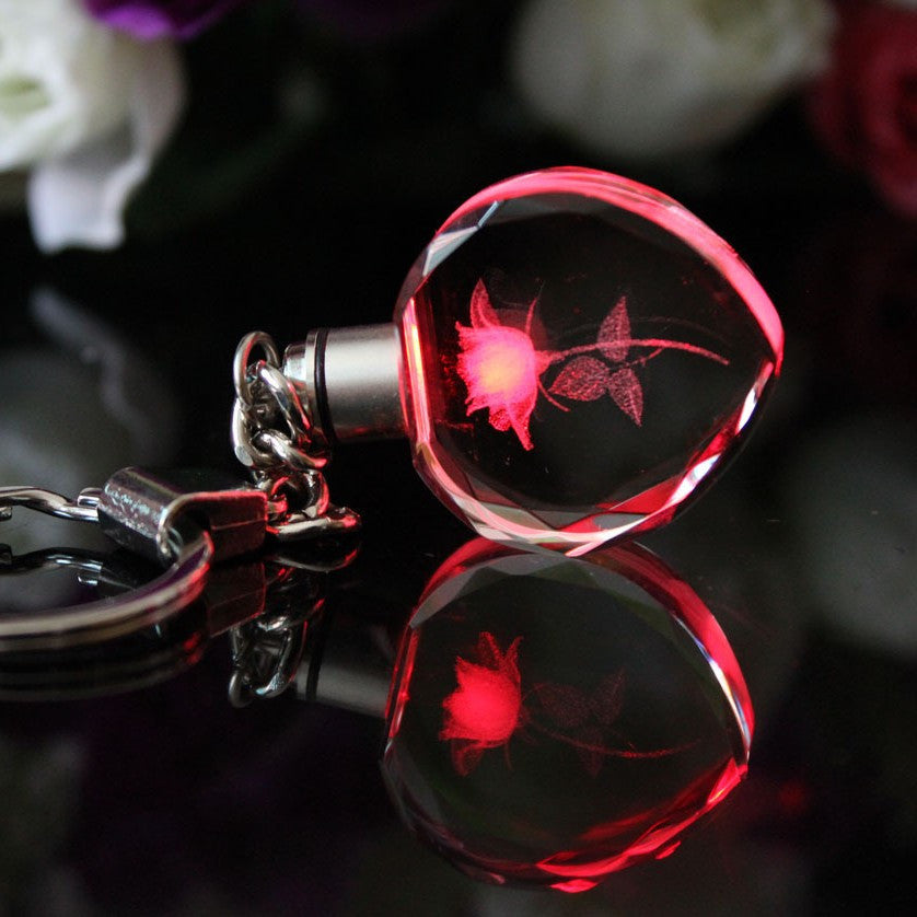 Romantic Glowing Heart Glass Keychain with Rose-Shaped Charm for Men - Perfect Gift for Him