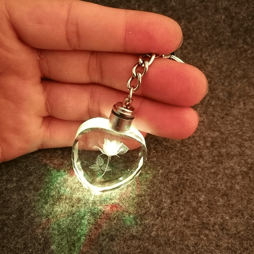 Romantic Glowing Heart Glass Keychain with Rose-Shaped Charm for Men - Perfect Gift for Him