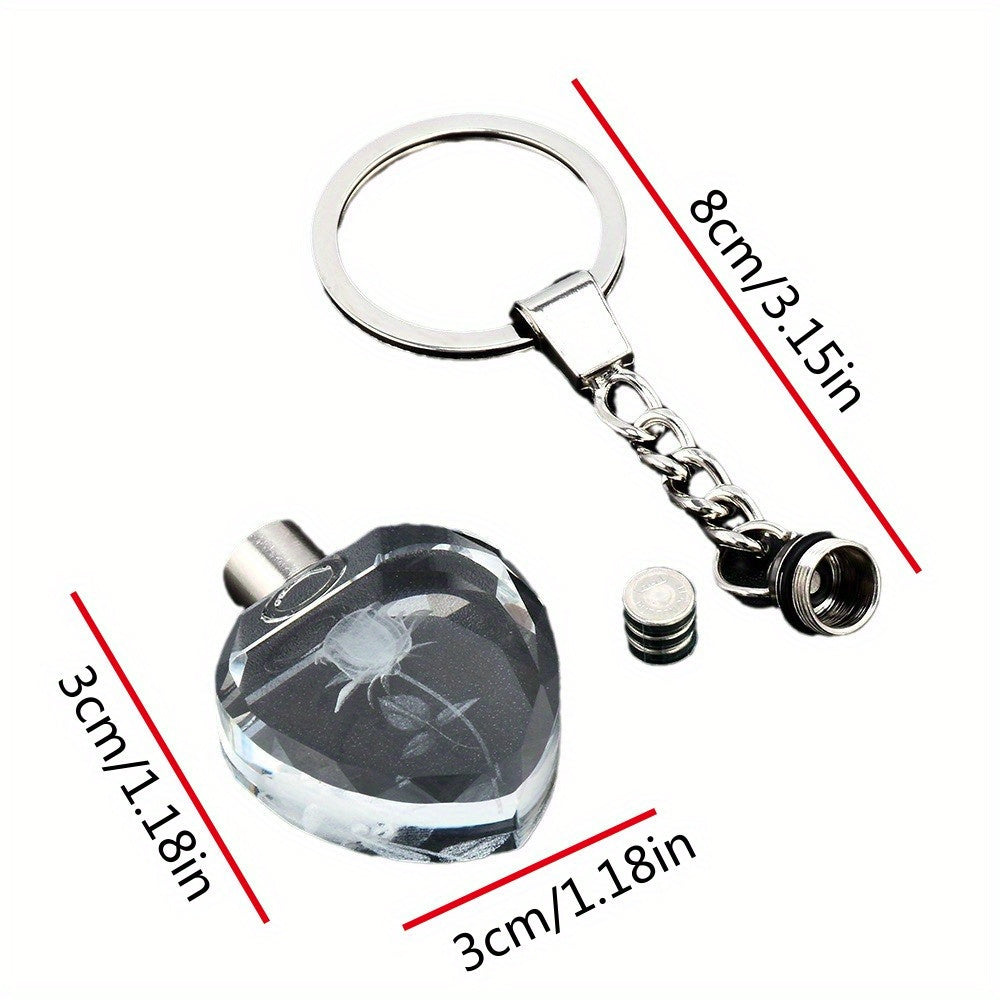 Romantic Glowing Heart Glass Keychain with Rose-Shaped Charm for Men - Perfect Gift for Him