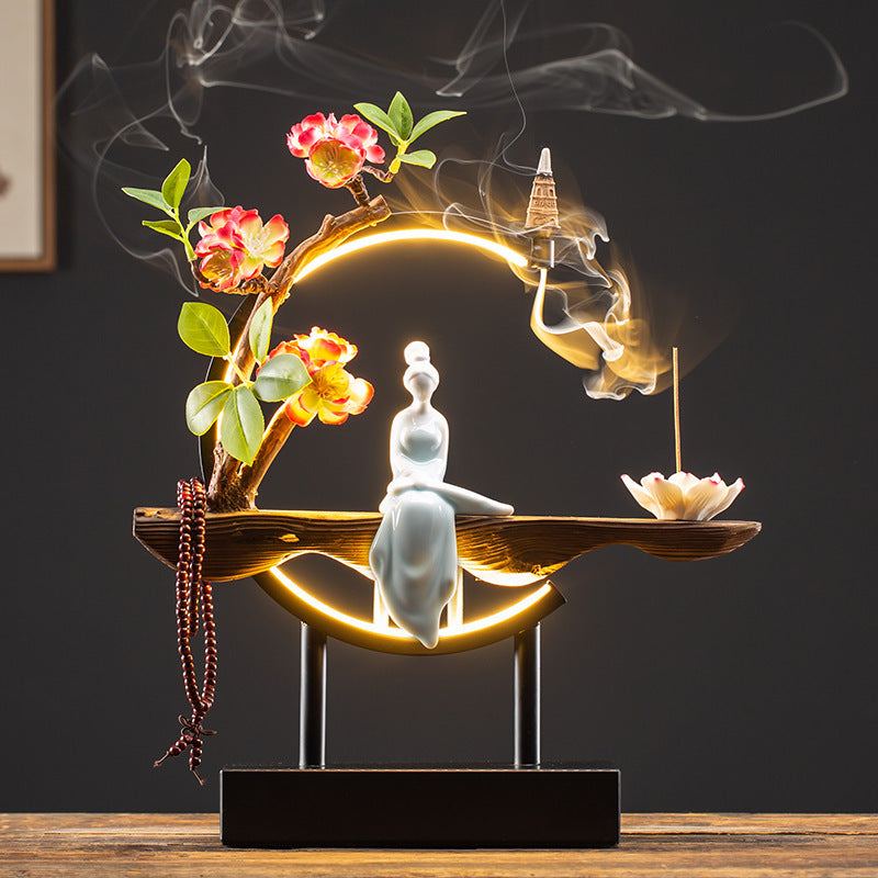 Decor Ornaments SereniFlow Incense Fountain Plug-in LED Light with Iron Frame