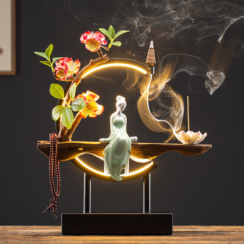 Decor Ornaments SereniFlow Incense Fountain Plug-in LED Light with Iron Frame