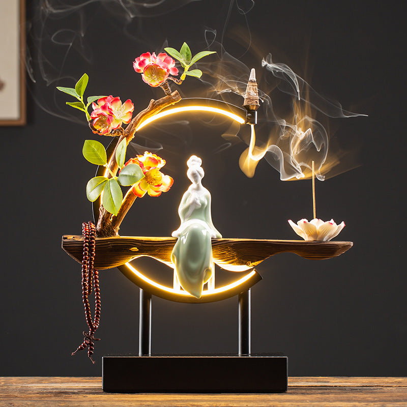 Decor Ornaments SereniFlow Incense Fountain Plug-in LED Light with Iron Frame