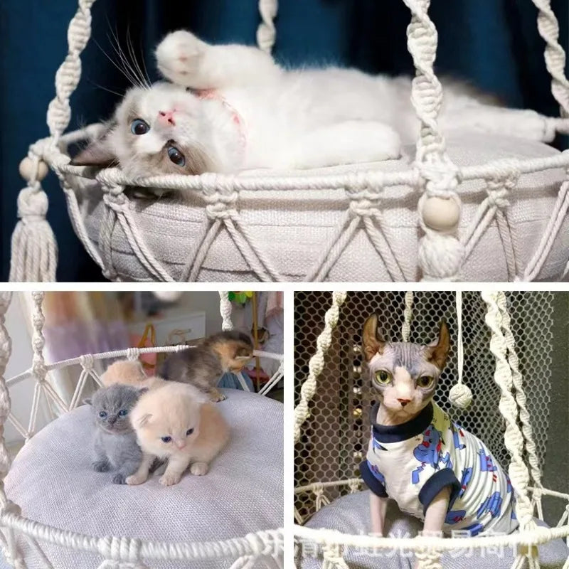 Hammock Cat Swing Hand Woven Cotton Rope Cats Hanging