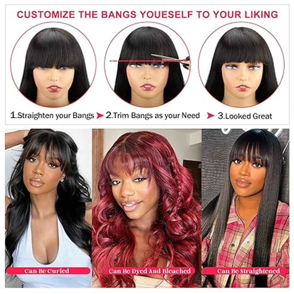 Human Hair Wigs With Bangs Natural Black 10-30 inch Brazilian