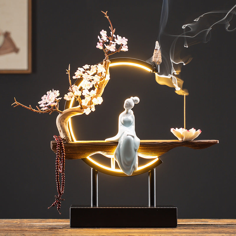 Decor Ornaments SereniFlow Incense Fountain Plug-in LED Light with Iron Frame