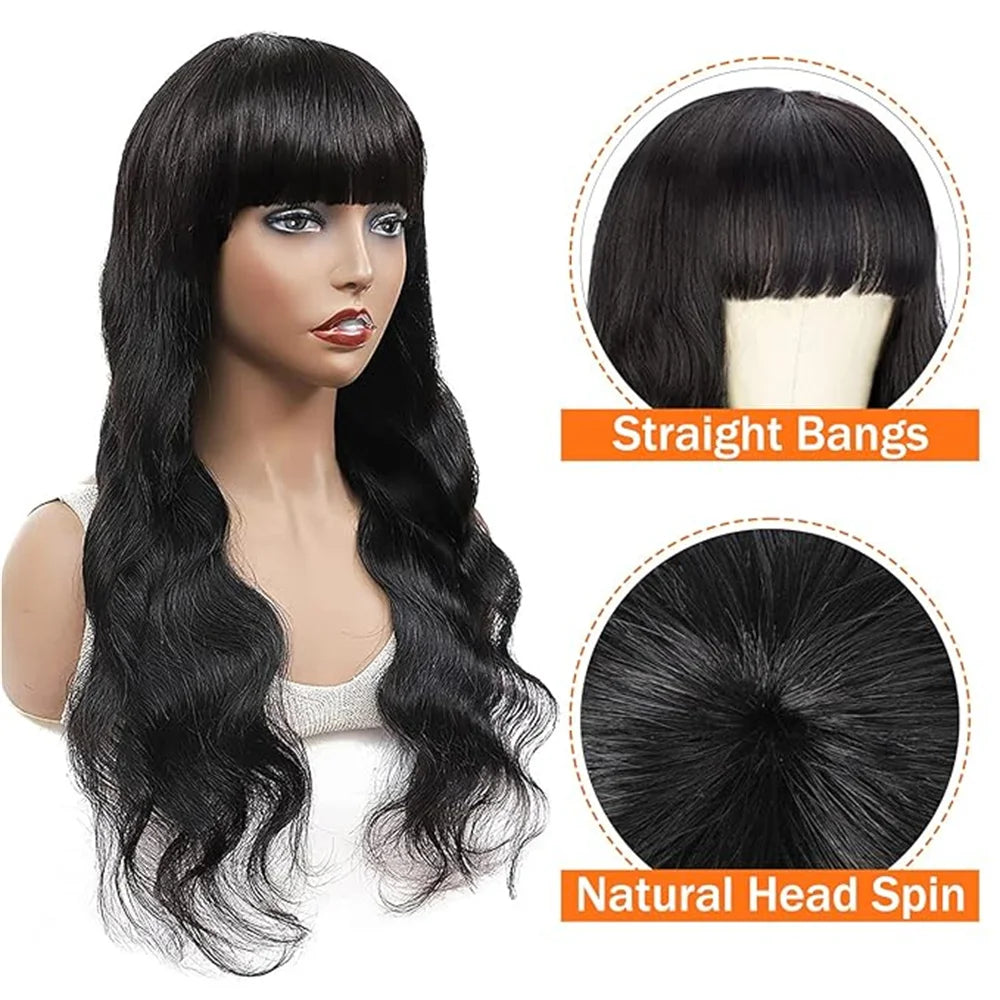 Human Hair Wigs With Bangs Natural Black 10-30 inch Brazilian