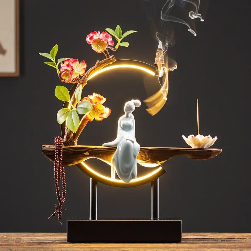 Decor Ornaments SereniFlow Incense Fountain Plug-in LED Light with Iron Frame