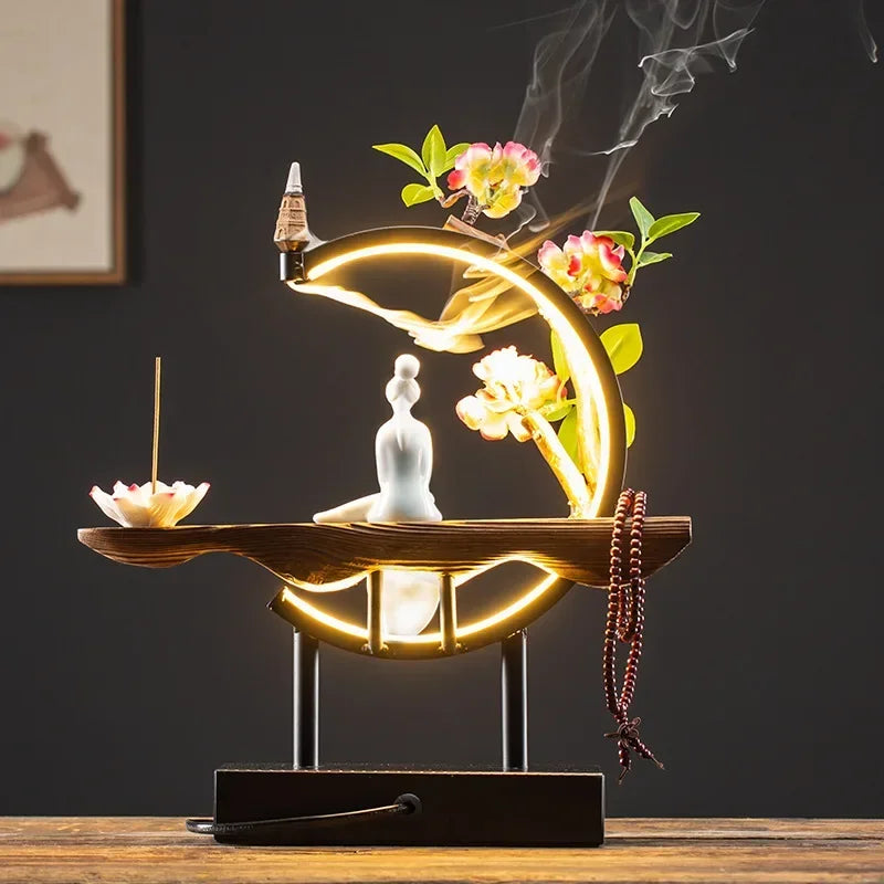 Decor Ornaments SereniFlow Incense Fountain Plug-in LED Light with Iron Frame
