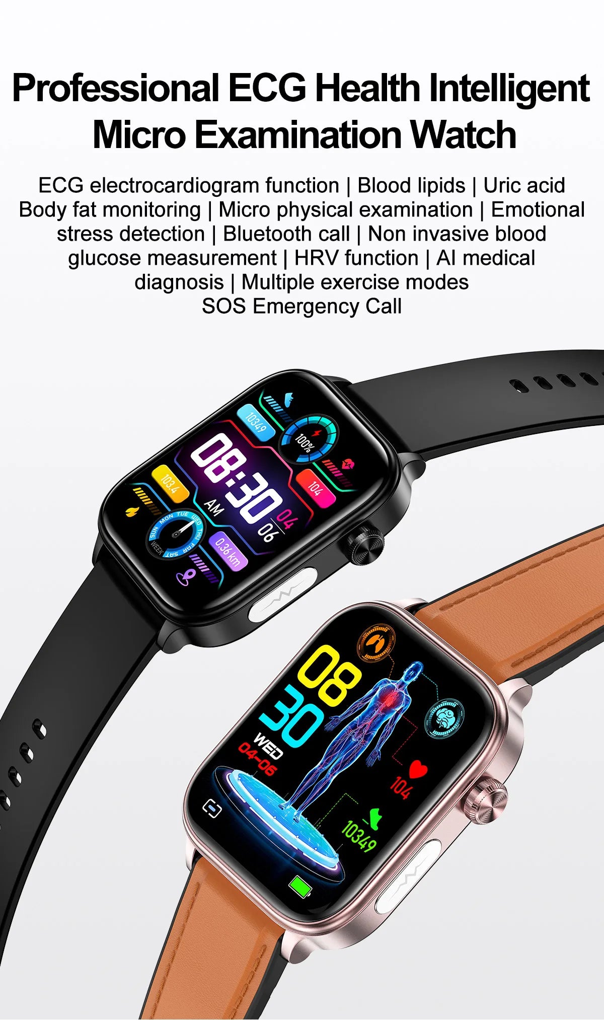 ECG+PPG Medical-Grade Smartwatch for Men: Monitors blood glucose, lipids, and uric acid, with Bluetooth connectivity for comprehensive health tracking.