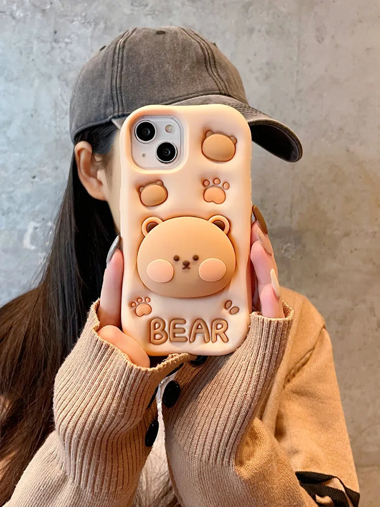 Lovely 3D Bear Silicone Phone Case For iPhone 11 12 13 14 15 16 Pro Max XS XR X 7 8 Plus