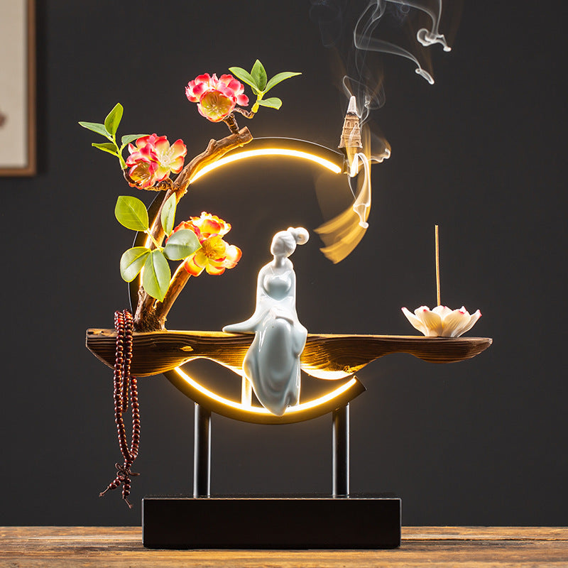 Decor Ornaments SereniFlow Incense Fountain Plug-in LED Light with Iron Frame