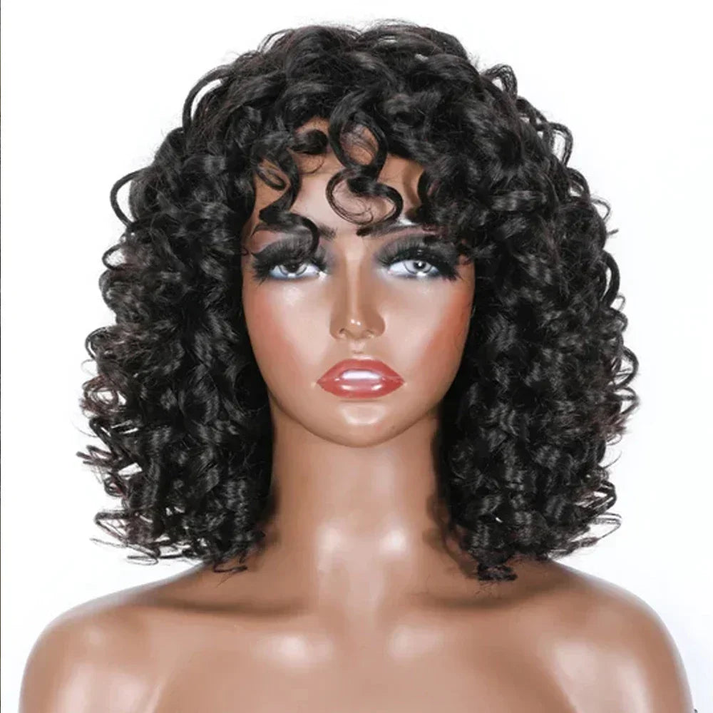 Short Curly Bob Wig Human Hair With Bangs Ready to Go