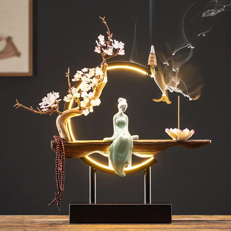 Decor Ornaments SereniFlow Incense Fountain Plug-in LED Light with Iron Frame