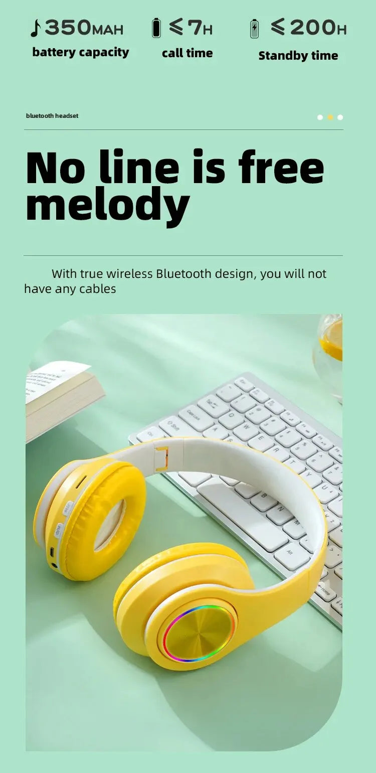 P95H,RGB,Moda Ears BT Wireless Headphone Com Mic E Flash Light, Capacete De Música Estéreo LED, Fone De Ouvido Dobrável, Present