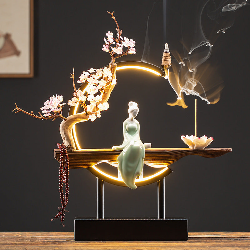 Decor Ornaments SereniFlow Incense Fountain Plug-in LED Light with Iron Frame