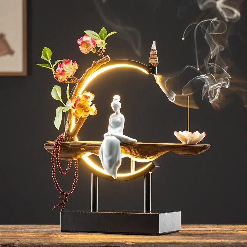 Decor Ornaments SereniFlow Incense Fountain Plug-in LED Light with Iron Frame