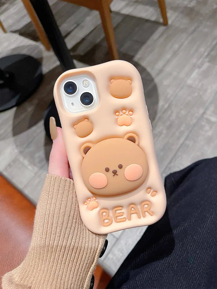 Lovely 3D Bear Silicone Phone Case For iPhone 11 12 13 14 15 16 Pro Max XS XR X 7 8 Plus