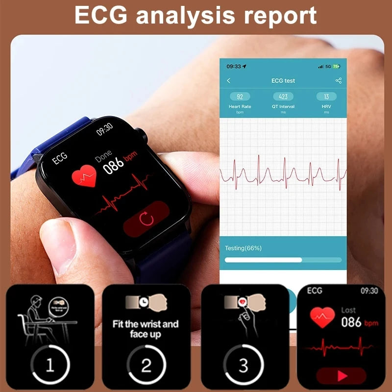 ECG+PPG Medical-Grade Smartwatch for Men: Monitors blood glucose, lipids, and uric acid, with Bluetooth connectivity for comprehensive health tracking.