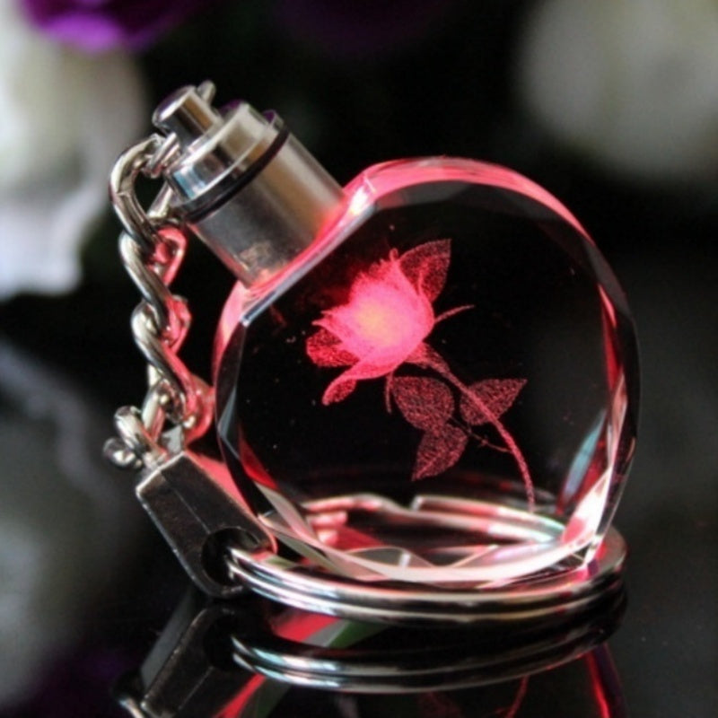 Romantic Glowing Heart Glass Keychain with Rose-Shaped Charm for Men - Perfect Gift for Him