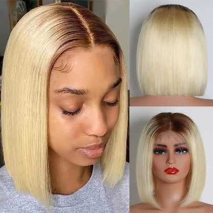 4/613 Honey Blonde Short Bob Wig 13X4 – Transparent Lace Front Human Hair
