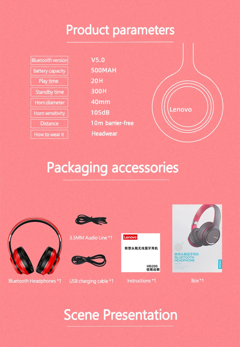 Lenovo HD200 Bluetooth Earphones Over-ear Foldable Computer Wireless Headphones