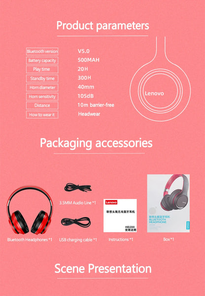Lenovo HD200 Bluetooth Earphones Over-ear Foldable Computer Wireless Headphones