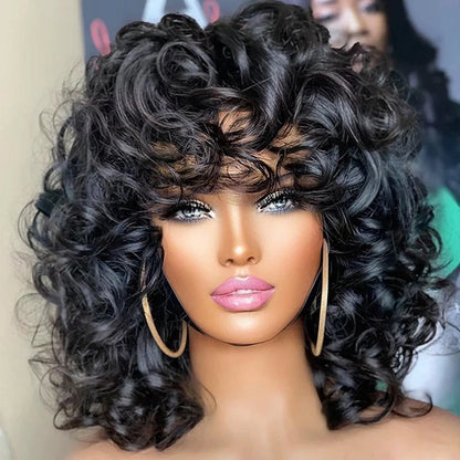 Short Curly Bob Wig Human Hair With Bangs Ready to Go