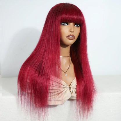 Sleek Human Hair Wigs With Bang Brazilian Straight Red Burgundy
