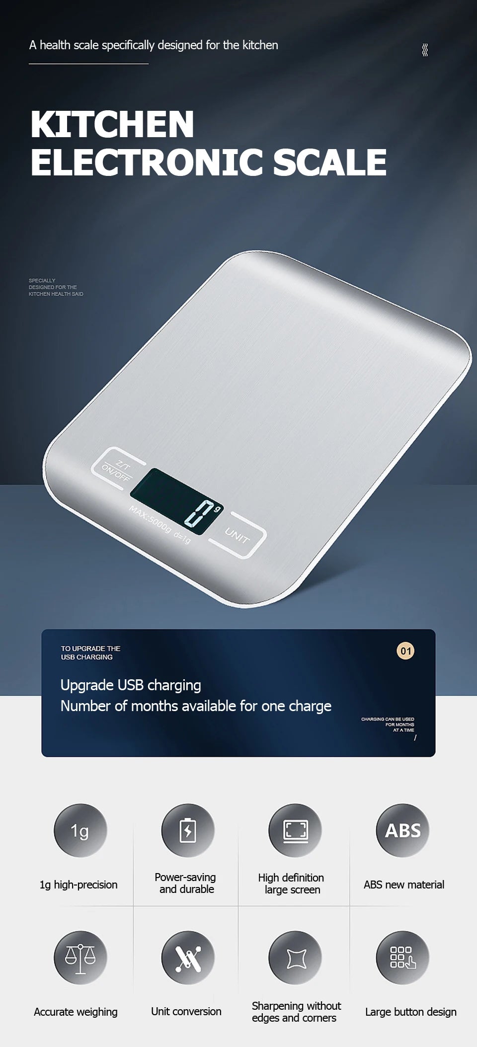 5kg/10kg Rechargeable Digital Kitchen Scale – LCD Display Stainless Steel Electronic Scales