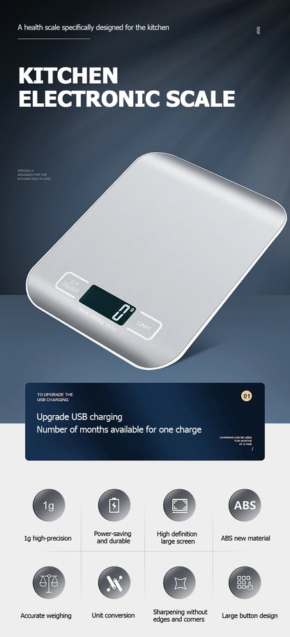 5kg/10kg Rechargeable Digital Kitchen Scale – LCD Display Stainless Steel Electronic Scales