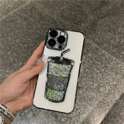 Glitter Milk Tea Cup Quicksand Case for iPhone 13 14 15 Pro Max