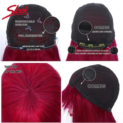 Sleek Human Hair Wigs With Bang Brazilian Straight Red Burgundy