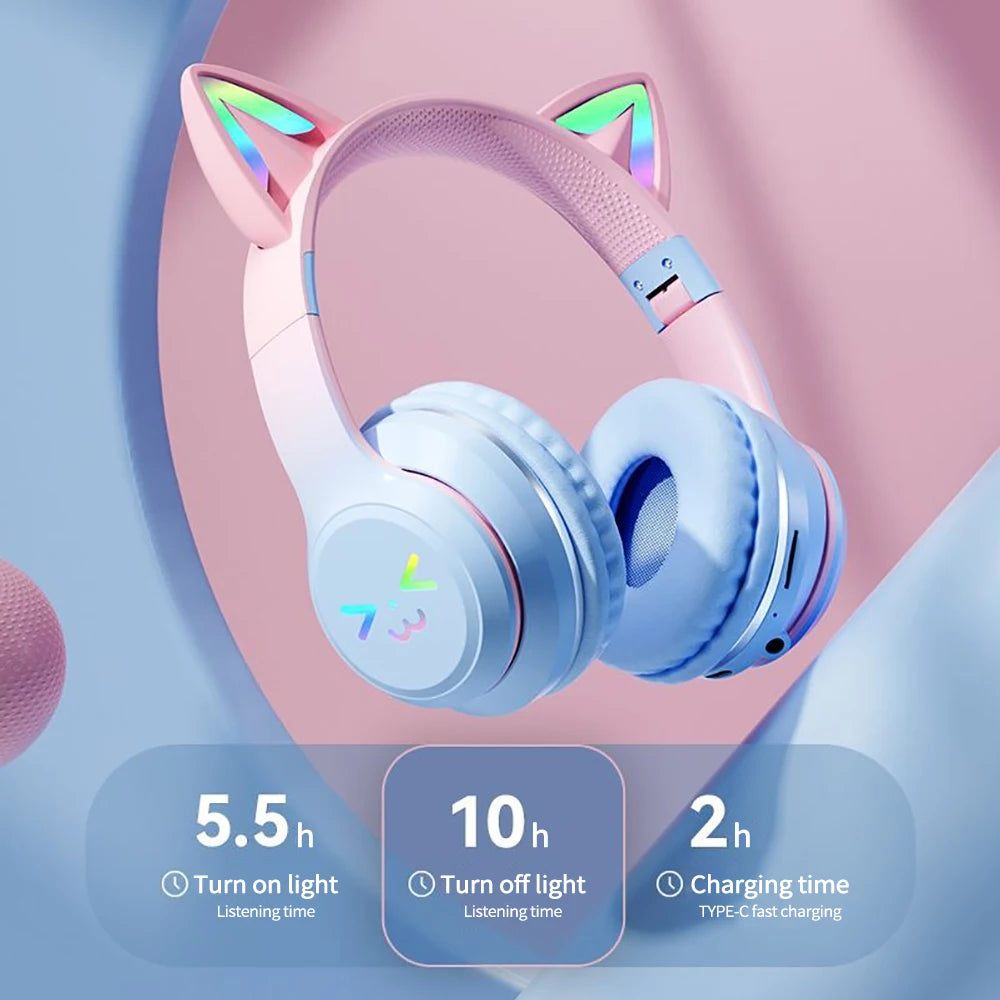 Gradient wireless Headphones RGB cute cat ear Bluetooth Earphones+microphone