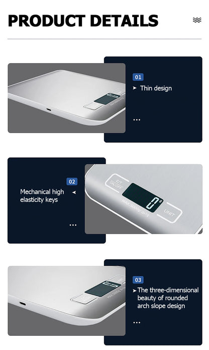 5kg/10kg Rechargeable Digital Kitchen Scale – LCD Display Stainless Steel Electronic Scales