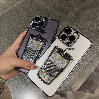 Glitter Milk Tea Cup Quicksand Case for iPhone 13 14 15 Pro Max