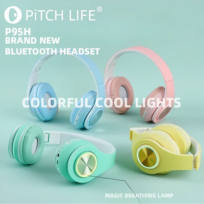 P95H,RGB,Moda Ears BT Wireless Headphone Com Mic E Flash Light, Capacete De Música Estéreo LED, Fone De Ouvido Dobrável, Present