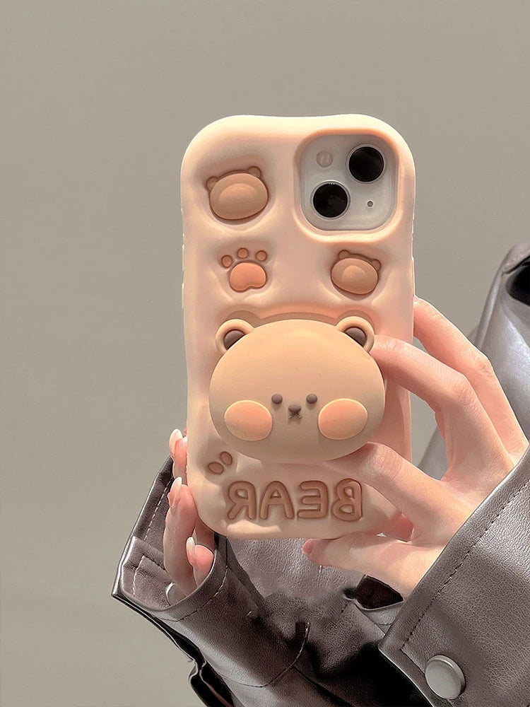 Lovely 3D Bear Silicone Phone Case For iPhone 11 12 13 14 15 16 Pro Max XS XR X 7 8 Plus