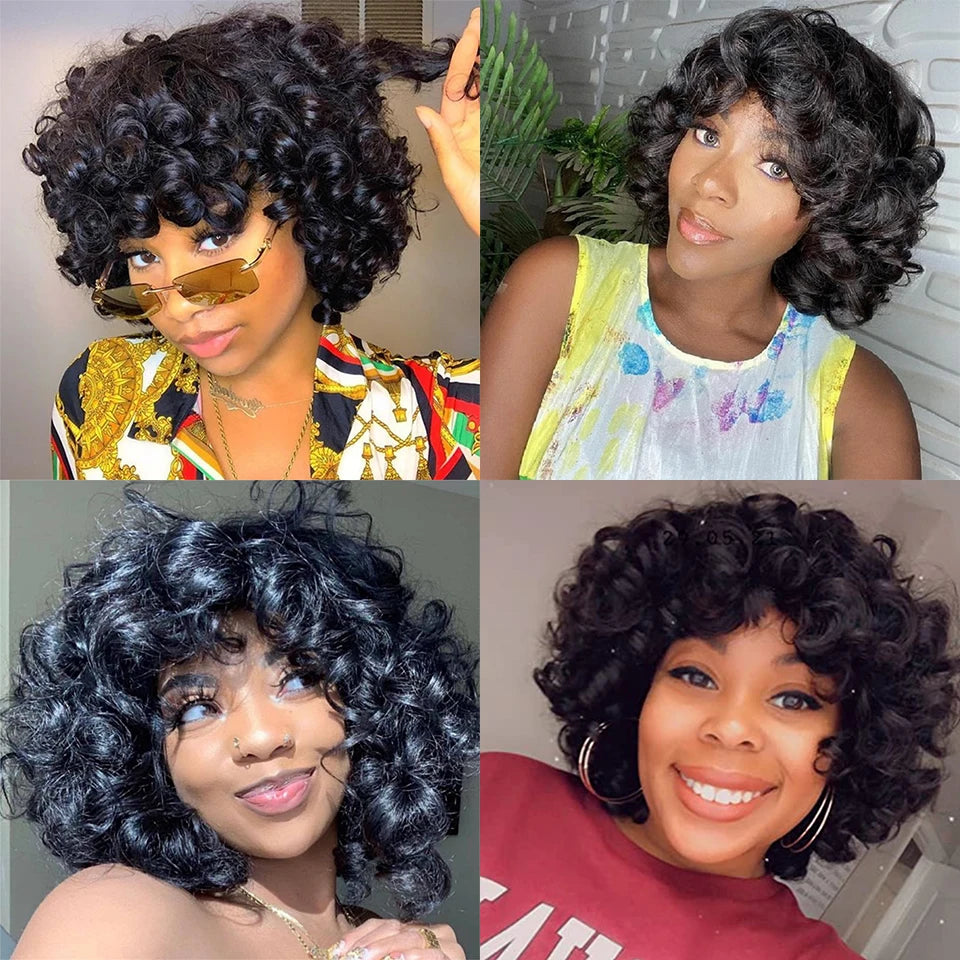 Short Curly Bob Wig Human Hair With Bangs Ready to Go