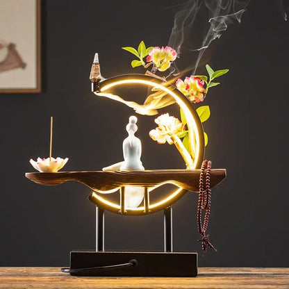 Decor Ornaments SereniFlow Incense Fountain Plug-in LED Light with Iron Frame