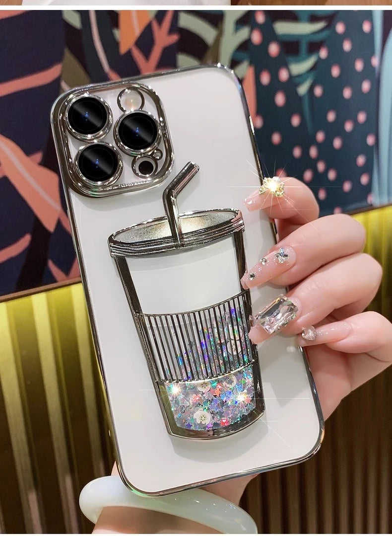 Glitter Milk Tea Cup Quicksand Case for iPhone 13 14 15 Pro Max