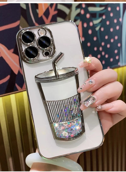 Glitter Milk Tea Cup Quicksand Case for iPhone 13 14 15 Pro Max