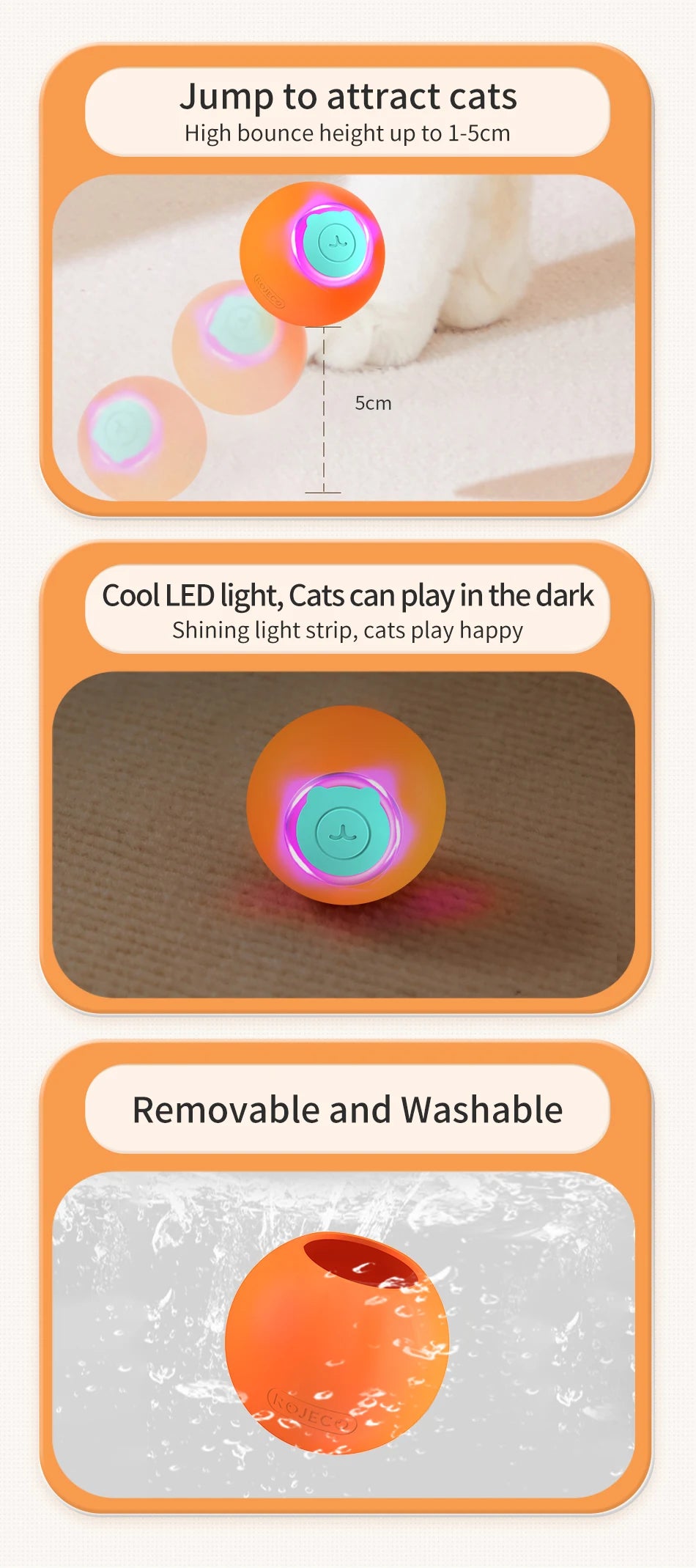 ROJECO Cat Toys Smart Interactive Cat Bouncing Ball Automatic Rolling Ball Training Self-moving Electric Toy Dog Pet Accessories