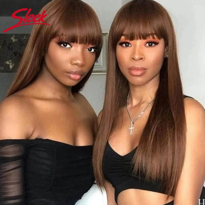 Sleek Human Hair Wigs With Bang Brazilian Straight Red Burgundy