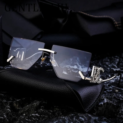 Punk Rimless Square Sunglasses Women 2024 Luxury Brand Design Fashion Metal Frame Goggles For Ladies Retro Eyewear Shades UV400