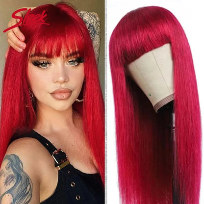 Sleek Human Hair Wigs With Bang Brazilian Straight Red Burgundy