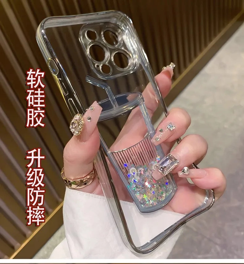 Glitter Milk Tea Cup Quicksand Case for iPhone 13 14 15 Pro Max