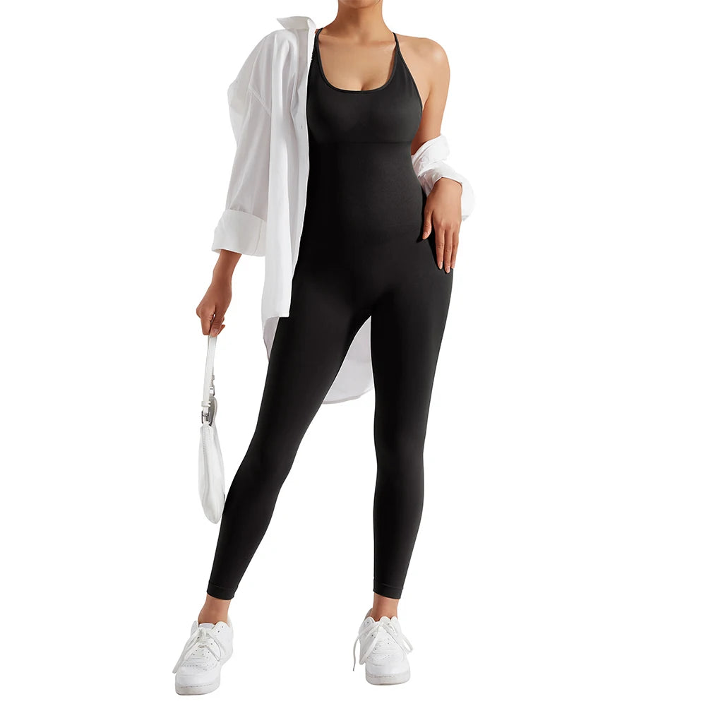 OMKAGI Women’s Full-Length Bodycon Jumpsuit – Sleeveless Athletic & Casual Wear