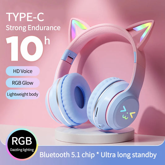 Gradient wireless Headphones RGB cute cat ear Bluetooth Earphones+microphone